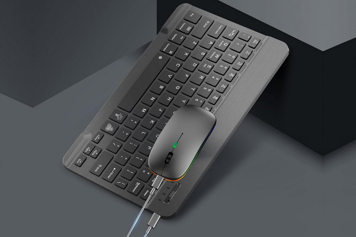Ultra thin Bluetooth Keyboard and Mouse Combo for iPad Rechargeable RGB Wireless Keyboard Mouse 7-Color Backlit-Black