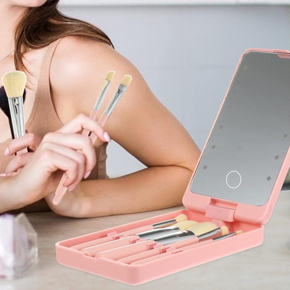 Rotating LED Vanity Mirror with 5 Cosmetic Brushes Portable Travel Makeup Mirror with Light Pink
