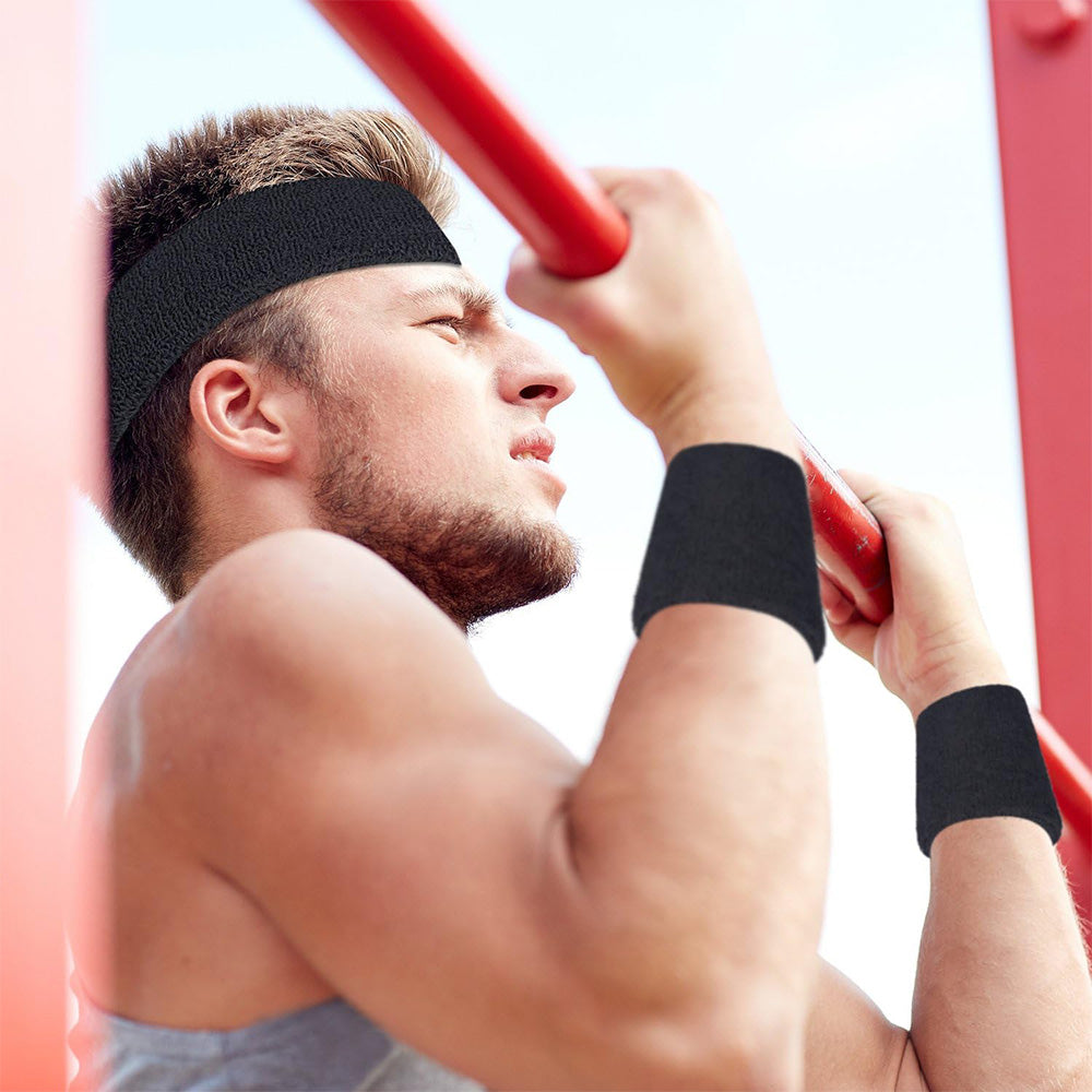 6Pcs Set Sweatbands Sports Headband Wristbands for Sport Tennis Badminton Yoga Black