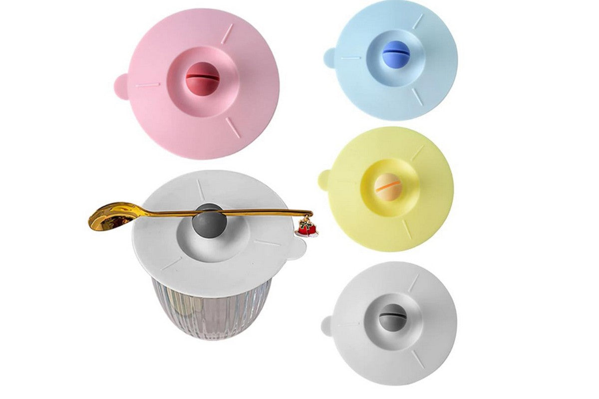 4Pcs Silicone Cup Lids Anti Dust Airtight Seal Mug Cup Cover with Spoon Holder