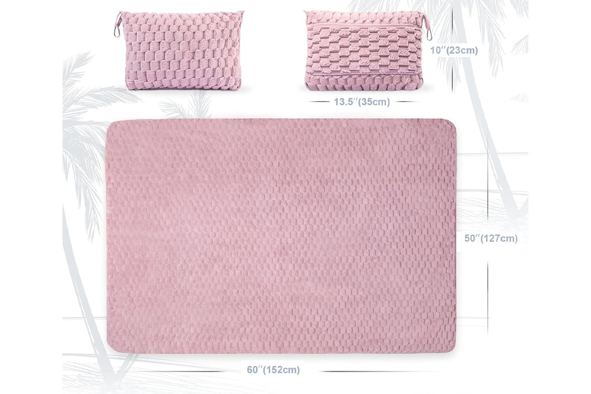2 in 1 Jacquard Travel Pillow and Blanket Set Packable Travel Blanket for Airplane Car -Pink