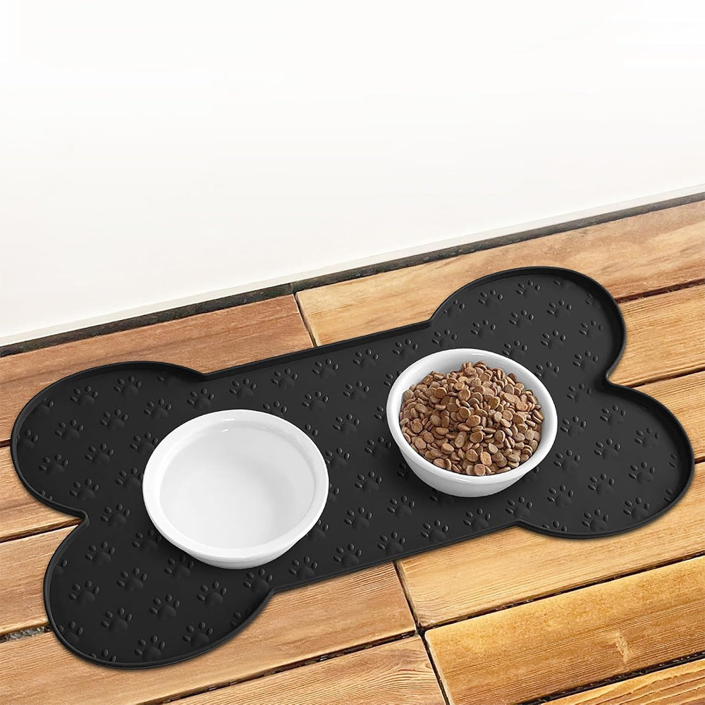 Dog Food Mats for Floors Waterproof Silicone Dog Bowl Mat with Raised Edge Black