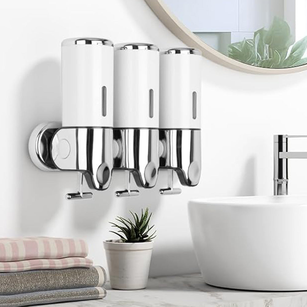 3-Chamber Shower Soap Dispenser Wall-Mounted Shampoo and Conditioner Dispenser with Visible Window White