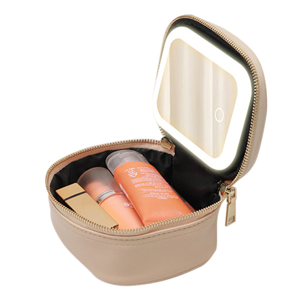 Compact Makeup Bag Travel Case with Mirror and Adjustable Light Stylish for Travel Beige