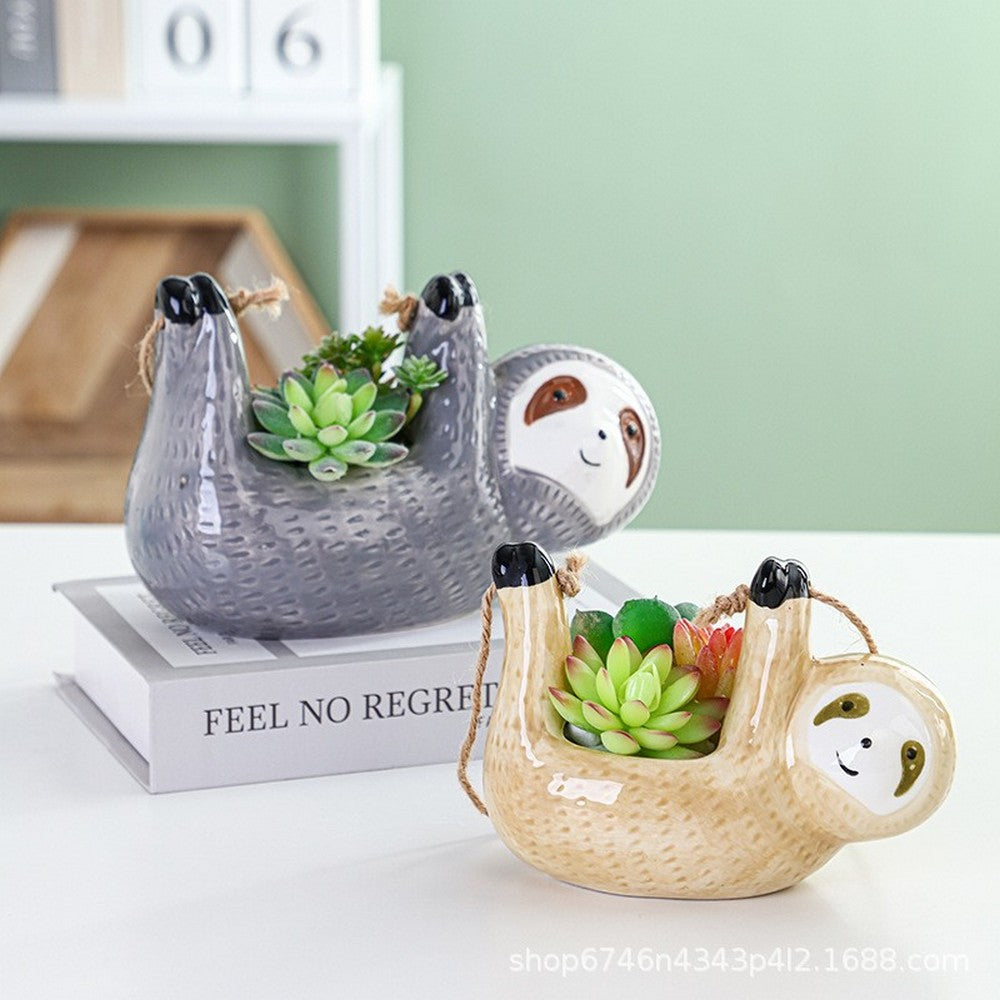 Sloth Hanging Planters Pots Cute Wall Planter Succulent Air Plants Cactus Ceramic Flower Pot-Gray