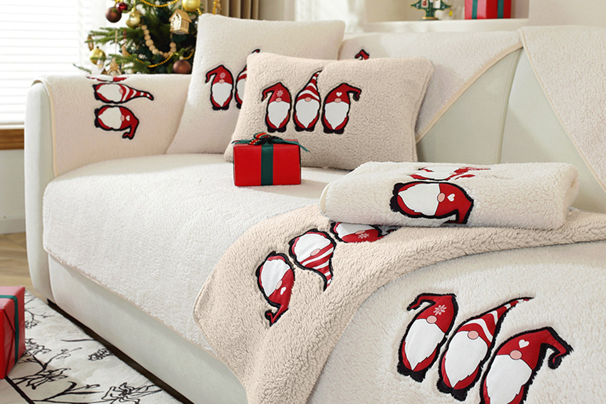 Christmas Sherpa Fleece Slipcover Protector Sofa Throw Cover Soft Thick Cozy Sofa Throw-Beige