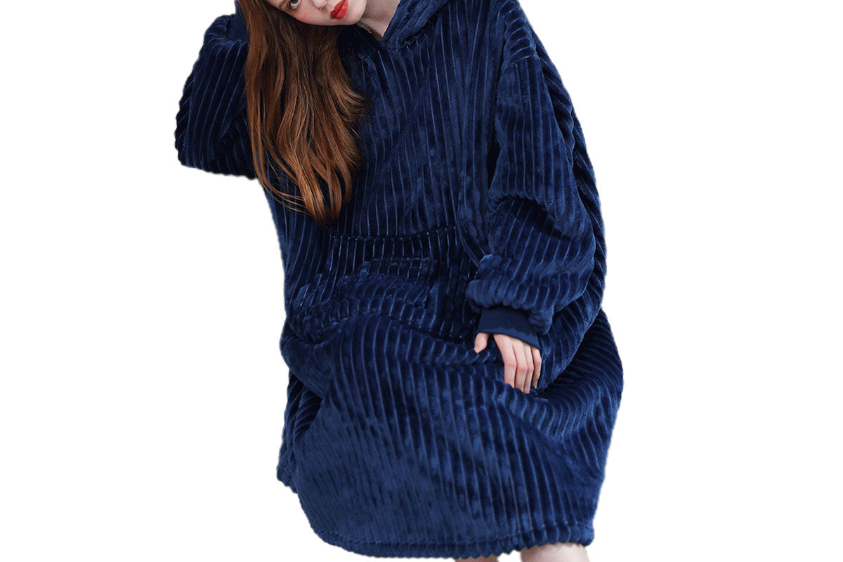 Wearable Blanket Sweatshirt for Women and Men Thick Flannel Hooded Sweatshirt Loungewear -Navy
