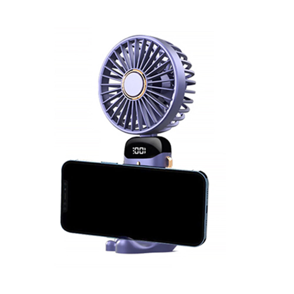 3-in-1 5 Speed USB Handheld Fan Mini Folding Digital Display Fan with Lanyard and Base Purple