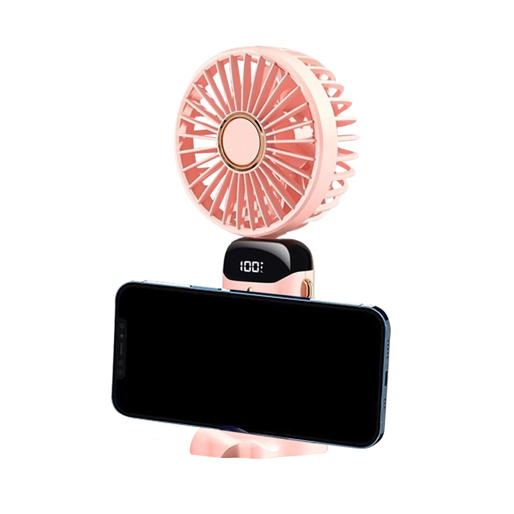 3-in-1 5 Speed USB Handheld Fan Mini Folding Digital Display Fan with Lanyard and Base Pink