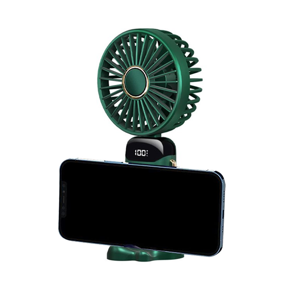 3-in-1 5 Speed USB Handheld Fan Mini Folding Digital Display Fan with Lanyard and Base Green
