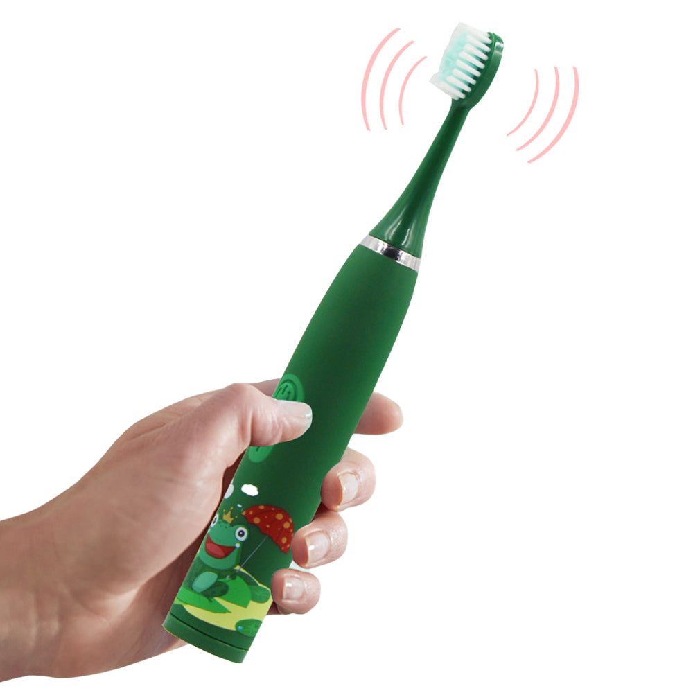 Kids Cartoon Electric Toothbrush Rechargeable Speed Control Toothbrush with 6 Replacement Heads Green