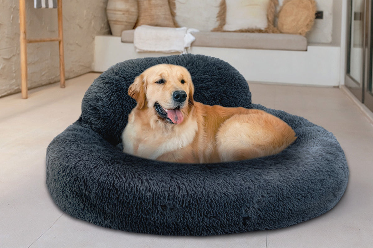 Calming Donut Dog Bed Anti-Slip Fluffy Plush Faux Fur Pet Bed for Most Dogs -Dark Grey