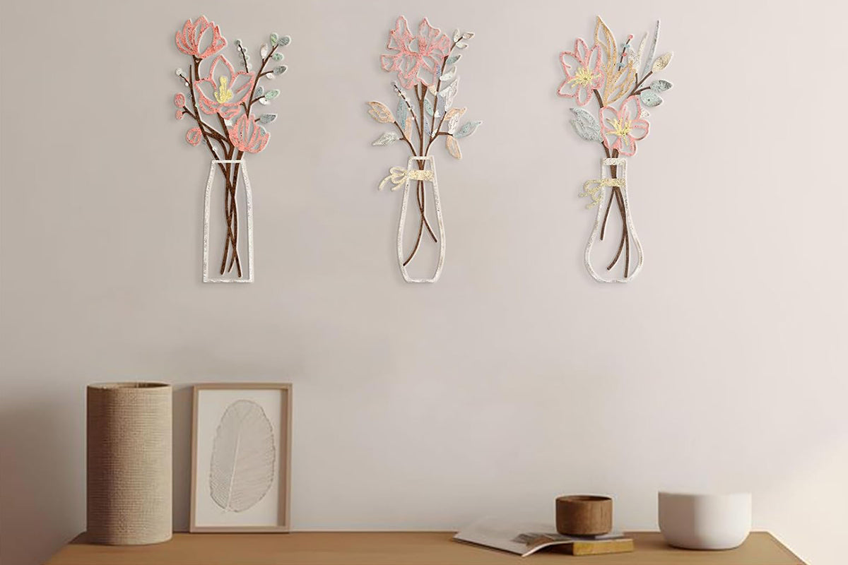 3Pcs Metal Flowers Wall Art Wall Decor Sculptures Hanging for Kitchen Living Room -Pink Flowers