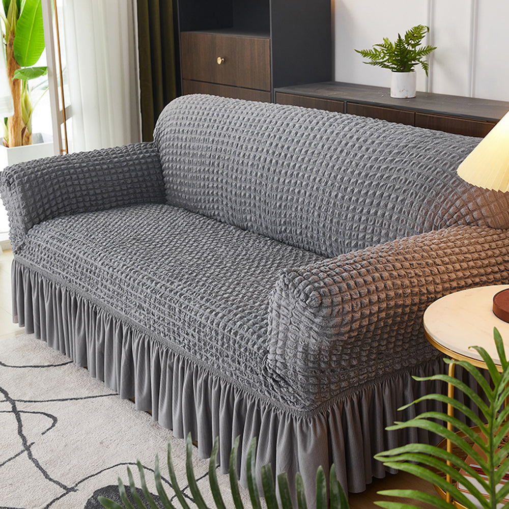 Seersucker Couch Cover with Ruffle Hemline Stretch Sofa Cover -Grey