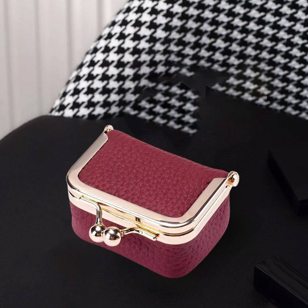 Mini Genuine Leather Jewelry Box Portable Vintage-Inspired Jewelry Case with Kiss Lock for Earring Ring Pink Wine Red
