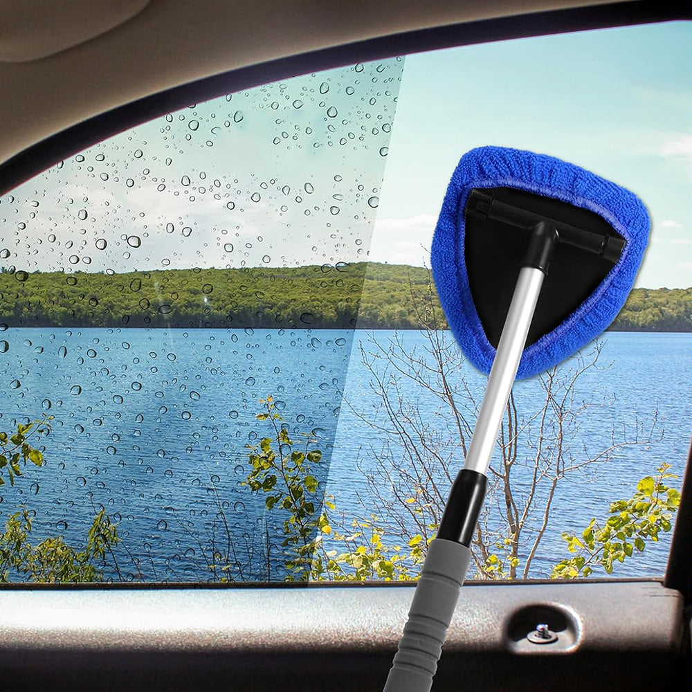 Extendable Windshield Cleaning Tool Set Car Window Microfiber Cleaner with 4 Replacement Microfiber Pads Blue