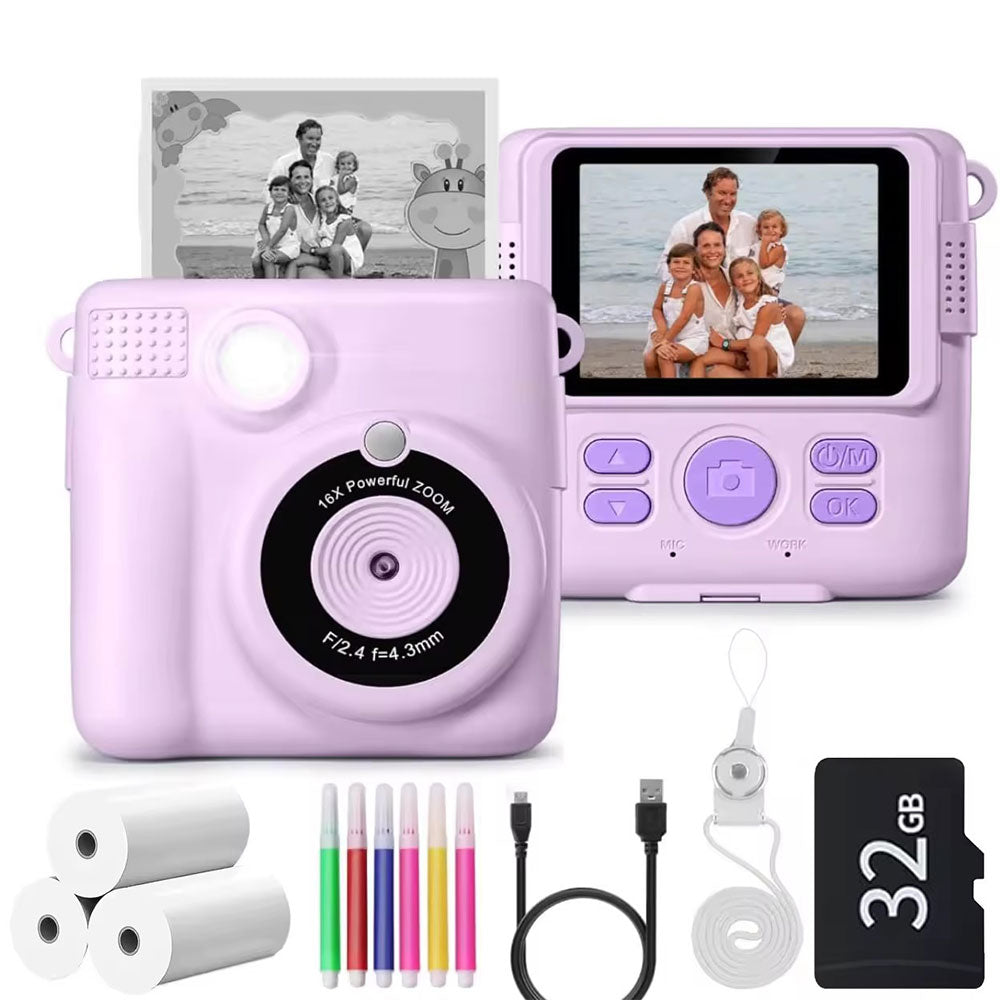 1080P Instant Print Camera for Kids Digital Video Camera with 32GB TF Card Christmas Birthday Present Purple