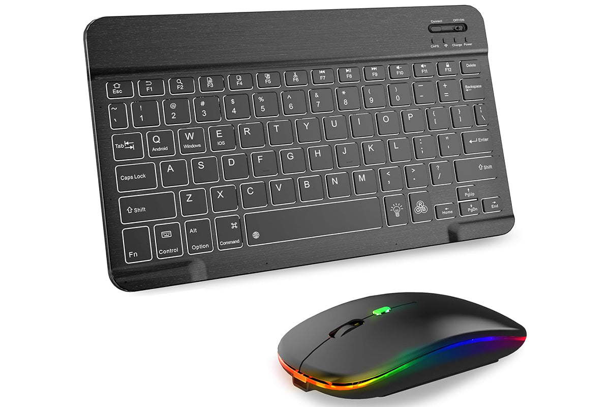 Ultra thin Bluetooth Keyboard and Mouse Combo for iPad Rechargeable RGB Wireless Keyboard Mouse 7-Color Backlit-Black