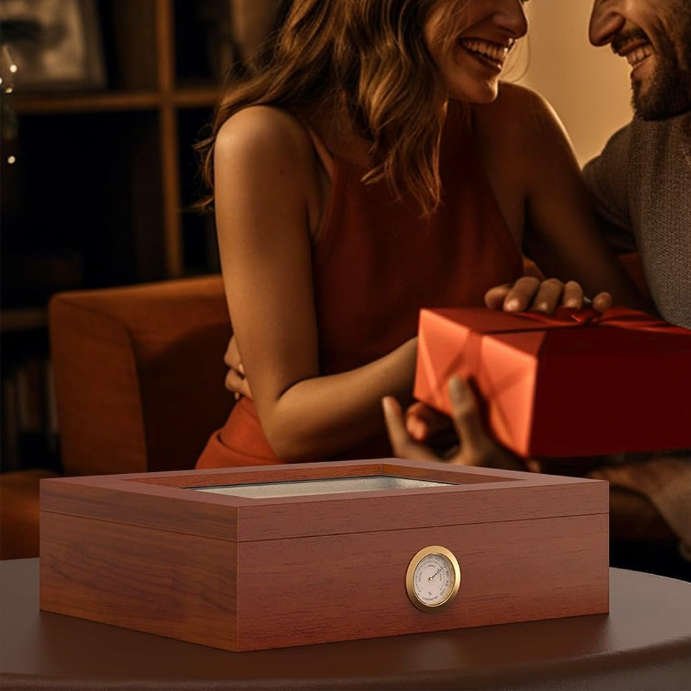 For 10 Cigars Cigar Humidor Desktop Box with Humidifier and Hygrometer Brown