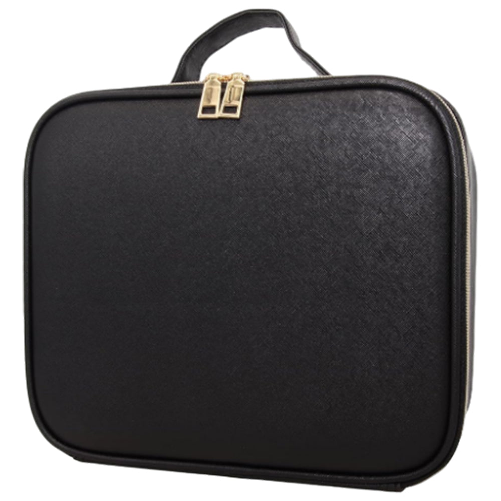 Travel Makeup Bag with Lighted Mirror Cosmetic Train Case with Adjustable Dividers Black