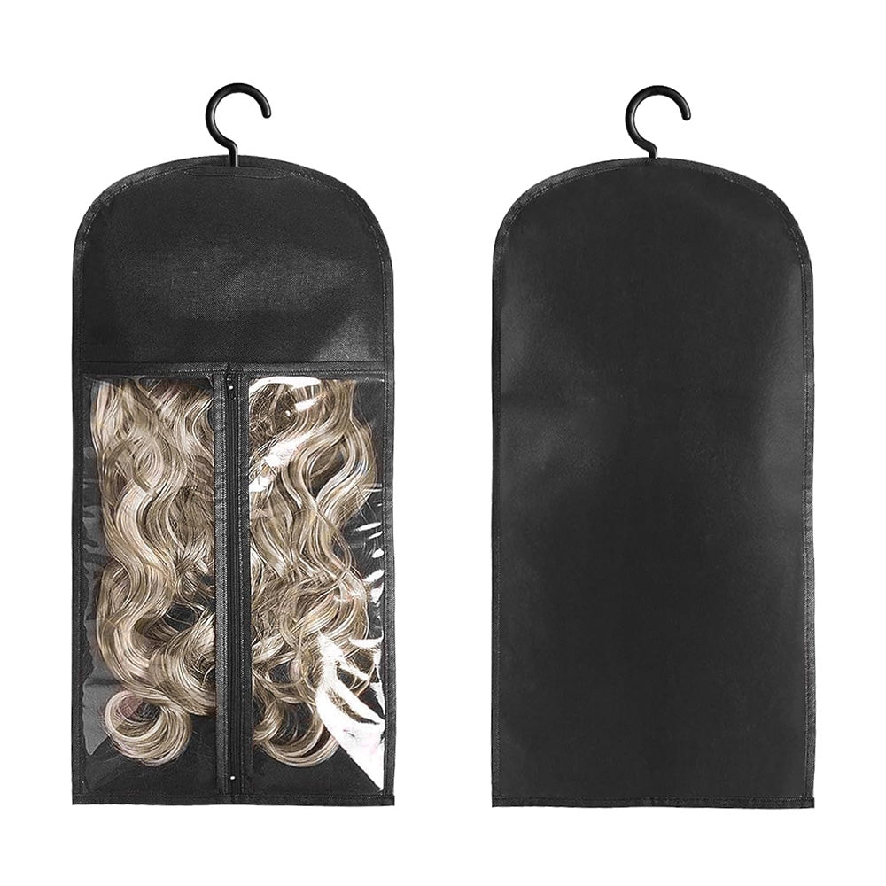 3Pcs Hair Extension Storage Bags with Hangers Dustproof Non-Woven Fake Hair Organizer Black