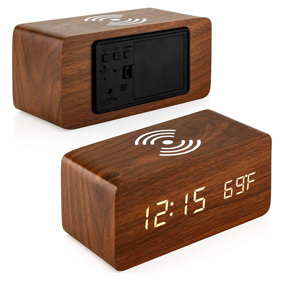 Dimmable Digital Alarm Clock with Wireless Charger Station for Home Office Brown