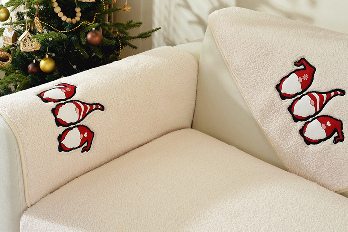 Christmas Sherpa Fleece Slipcover Protector Sofa Throw Cover Soft Thick Cozy Sofa Throw-Beige