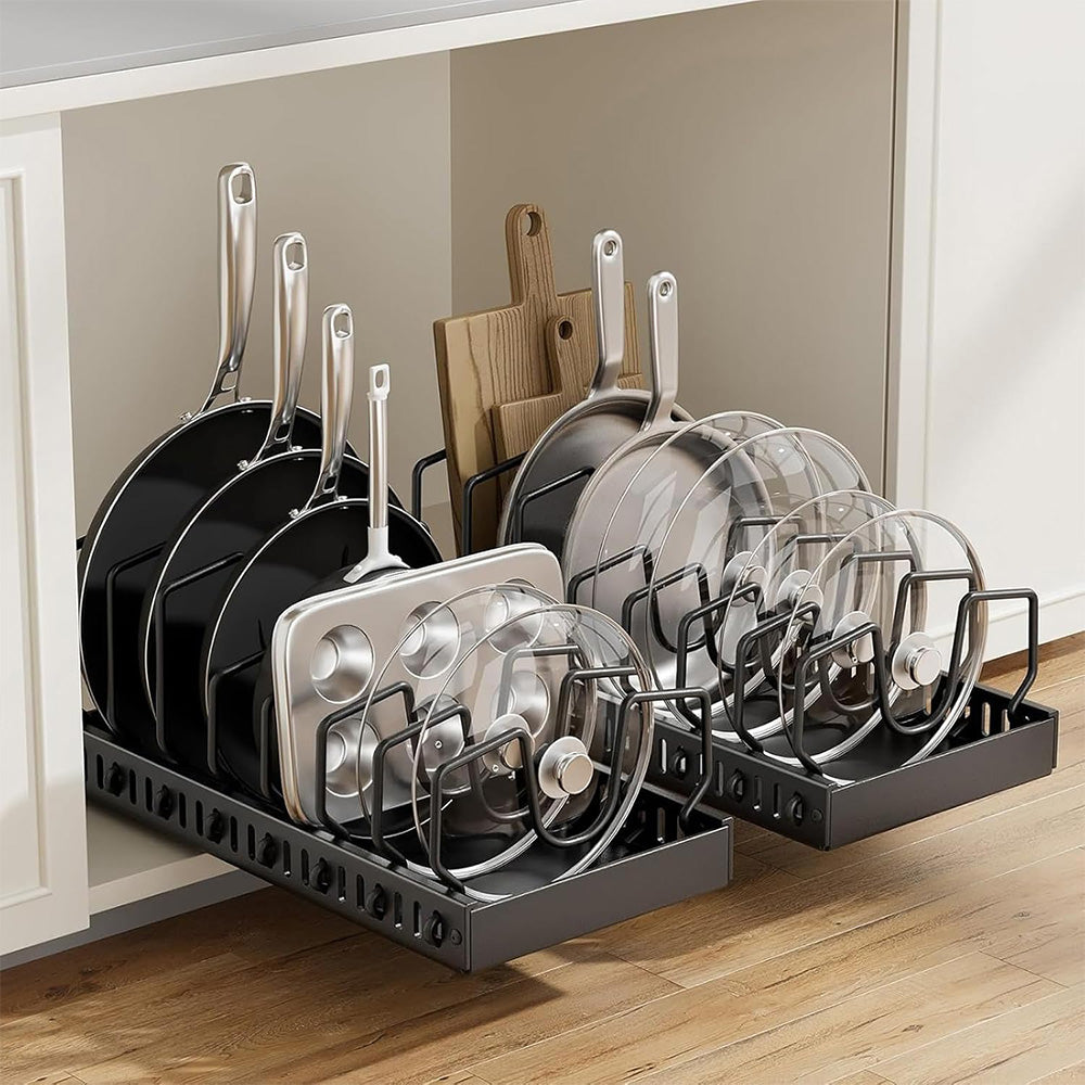Vertical Pull Out Organizer for Pots and Pans Sliding Storage Rack with Dividers for Kitchen Black