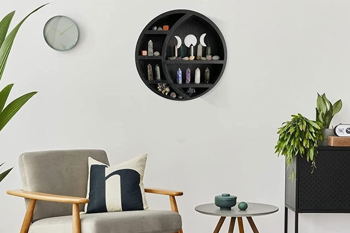 Wooden Shelf Halloween Crystal Display Shelf Decor-Round Moon