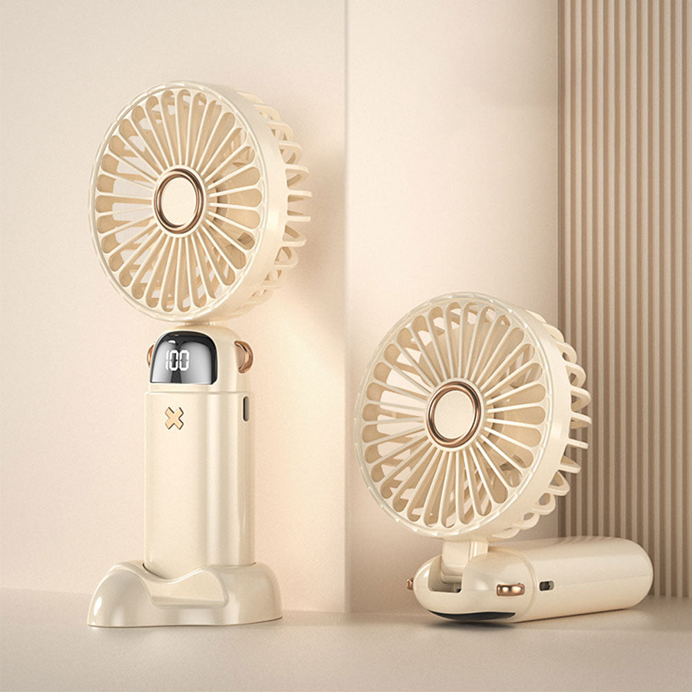 Portable Handheld Fan with LED Display 5-Speed Cooling Hand Fan Foldable for Outdoor Travel Camping Beige