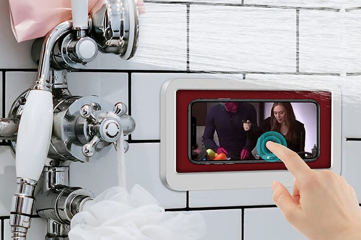 Bathroom Waterproof Anti-Fog Wall Mount Shower Phone Storage Case-Red