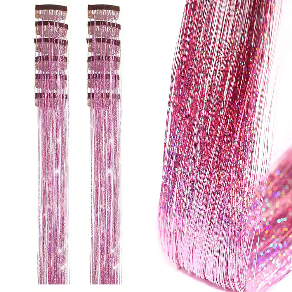 12-Piece Hair Tinsel Clip Kit Sparkly Fairy Hair Extensions for Glamorous Styling Pink
