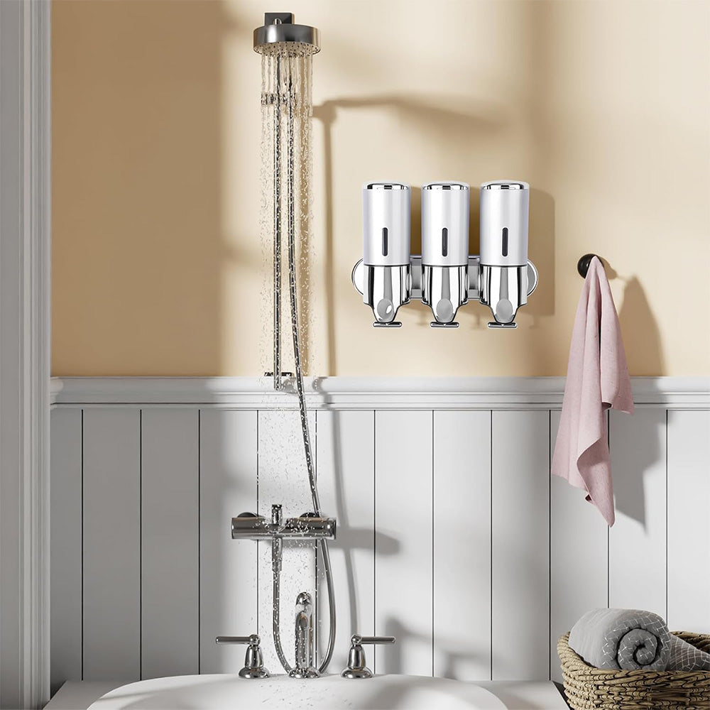 3-Chamber Shower Soap Dispenser Wall-Mounted Shampoo and Conditioner Dispenser with Visible Window Silver