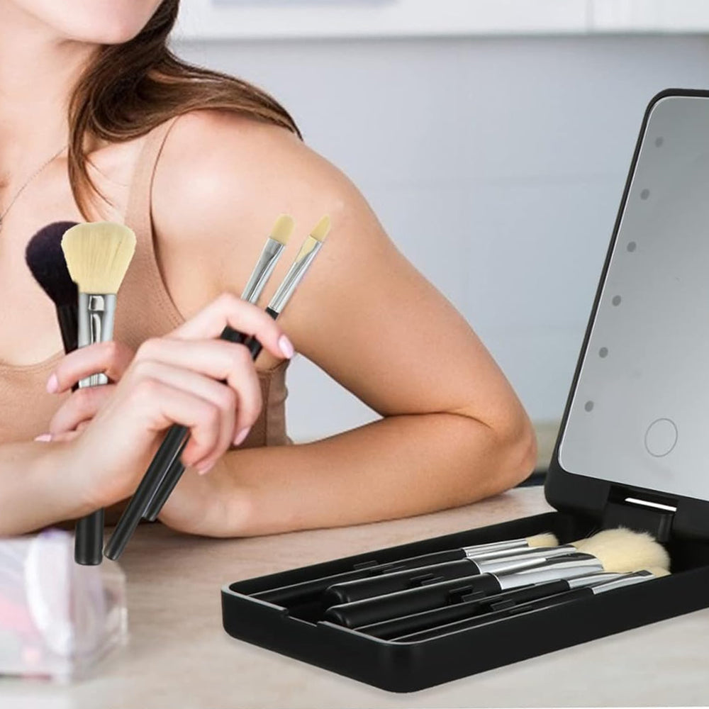 Rotating LED Vanity Mirror with 5 Cosmetic Brushes Portable Travel Makeup Mirror with Light Black