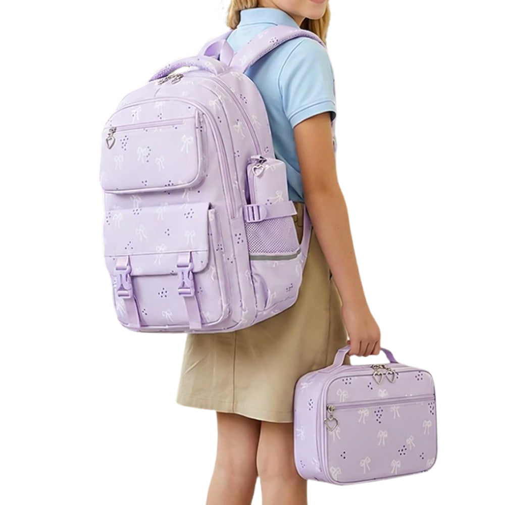 3 Piece Girls School Backpack Set with Lunch Bag Pencil Case - Purple