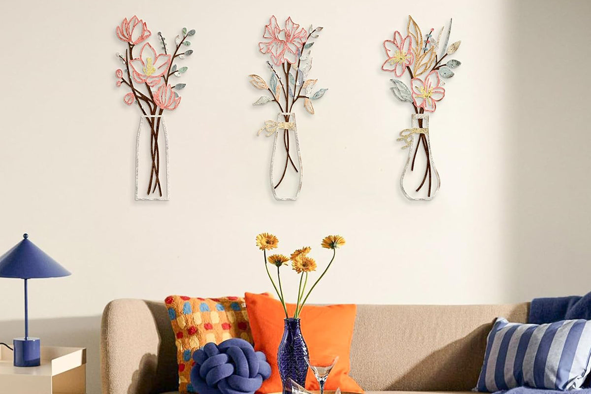 3Pcs Metal Flowers Wall Art Wall Decor Sculptures Hanging for Kitchen Living Room -Pink Flowers