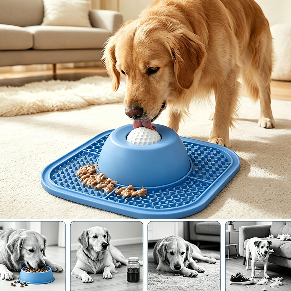 2 in 1 Dog Slow Feeder Bowl with Rolling Ball Lick Mat Non Slip Suction Cup-Blue