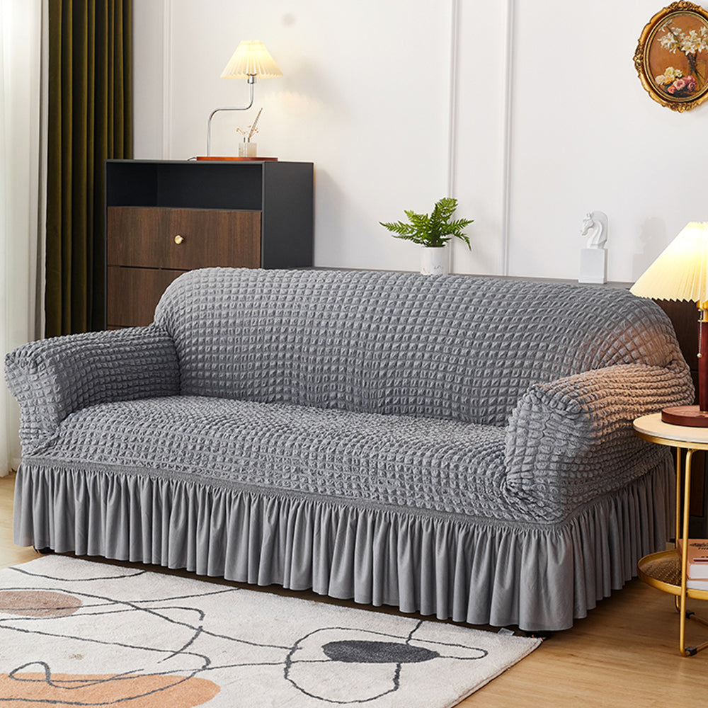 Seersucker Couch Cover with Ruffle Hemline Stretch Sofa Cover -Grey