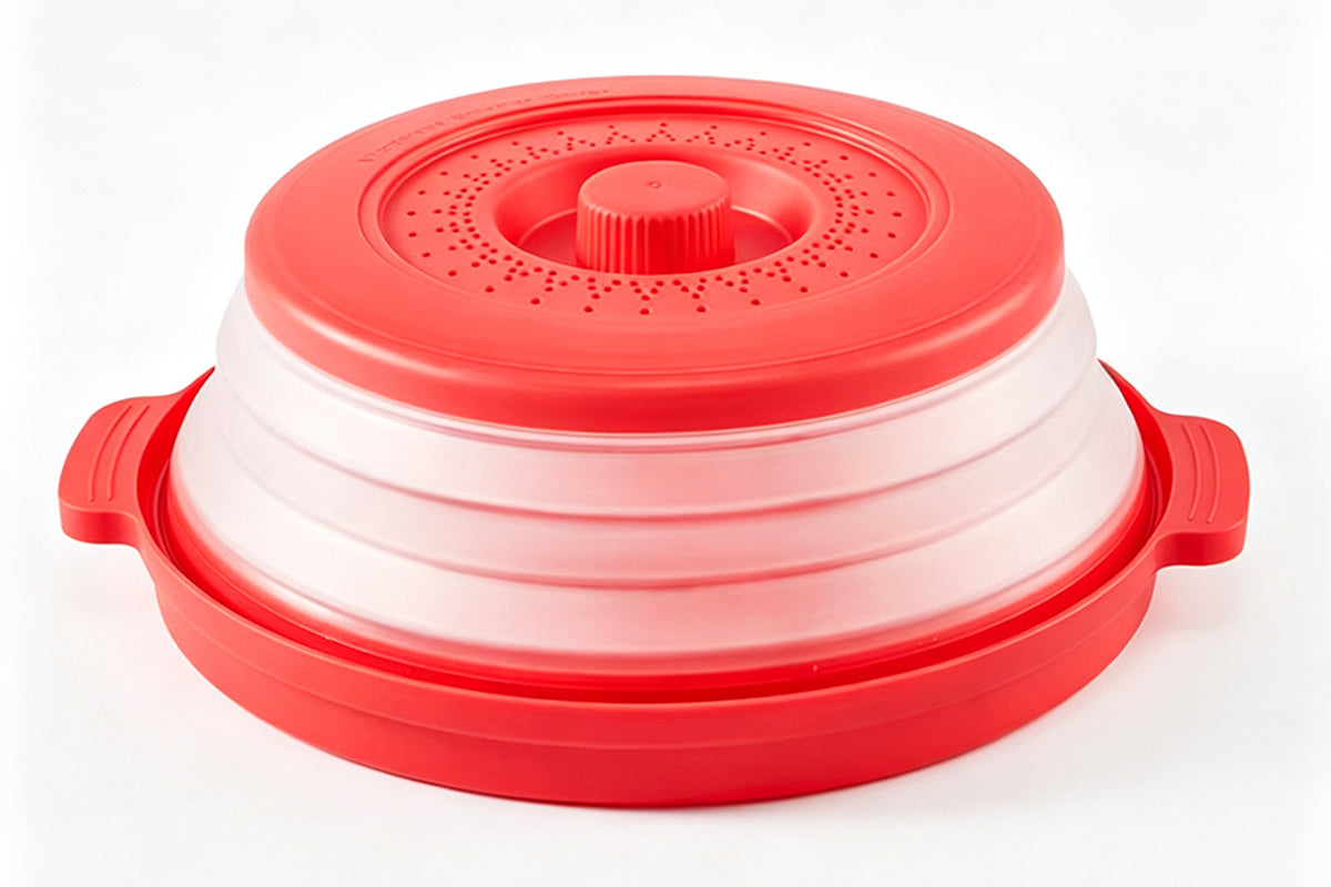Microwave Food Splatter Cover with Drip Tray and Handles-Red