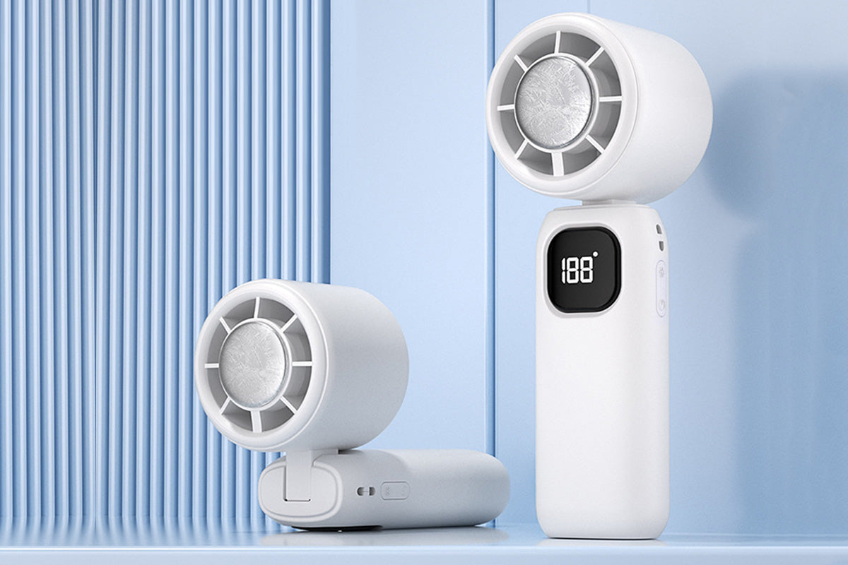100 Speeds Digital Display Cooling Fan USB Fan with Lanyard and Phone Holder Base-White