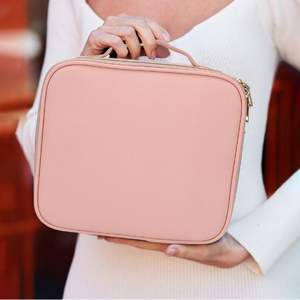 Travel Makeup Bag with Lighted Mirror Cosmetic Train Case with Adjustable Dividers Pink