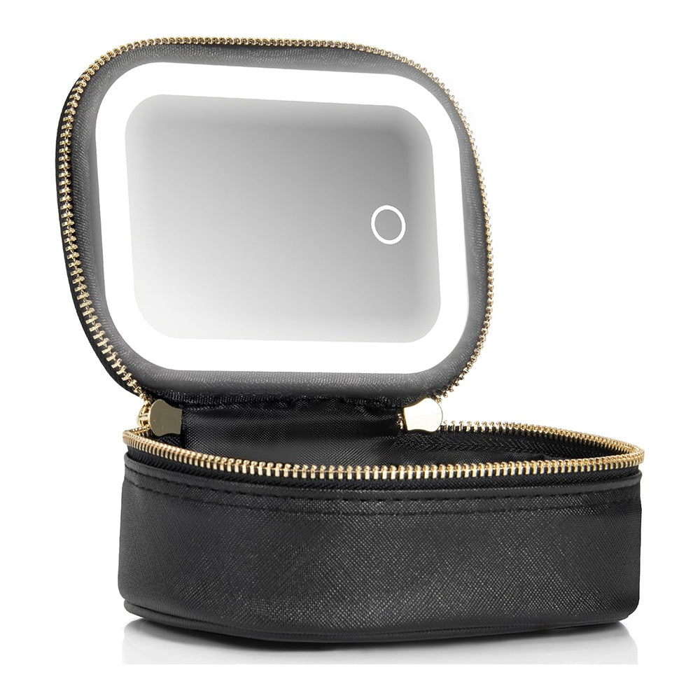 Compact Makeup Bag Travel Case with Mirror and Adjustable Light Stylish for Travel Black