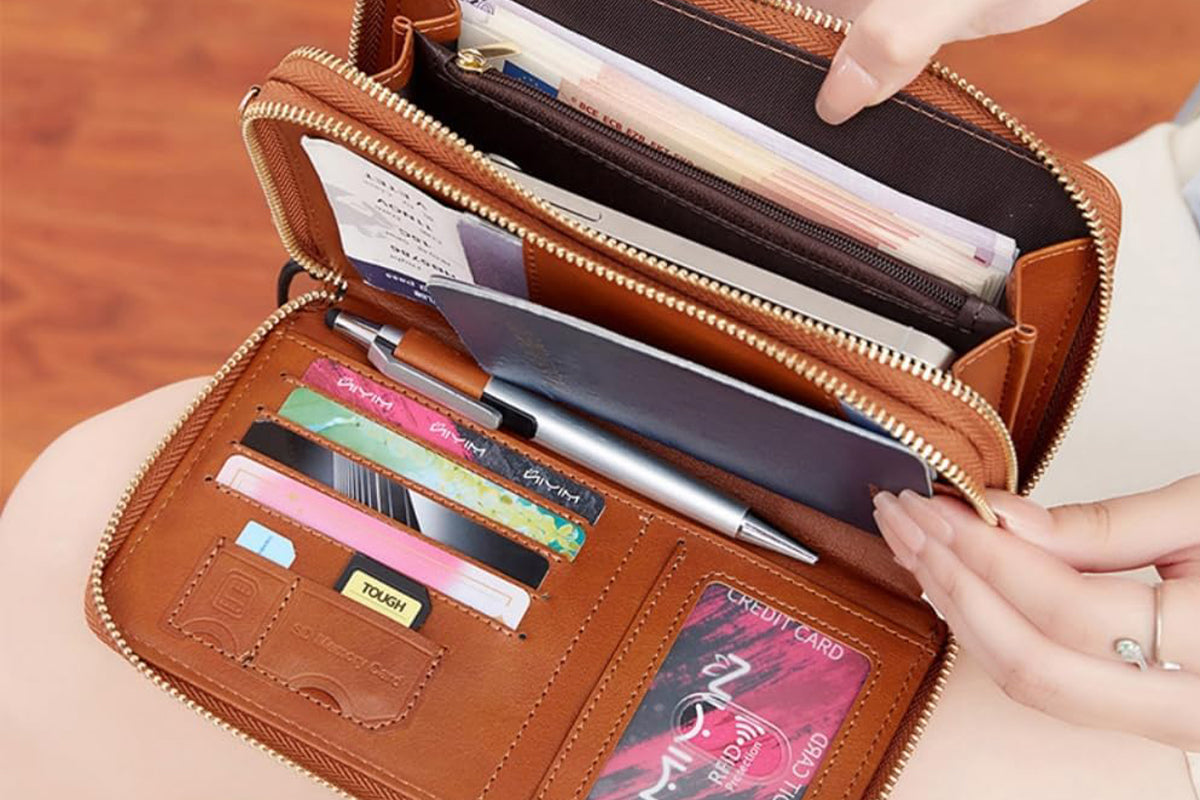 RFID Blocking Passport Wallet PU Document Organizer with Wristlet for Women -Brown