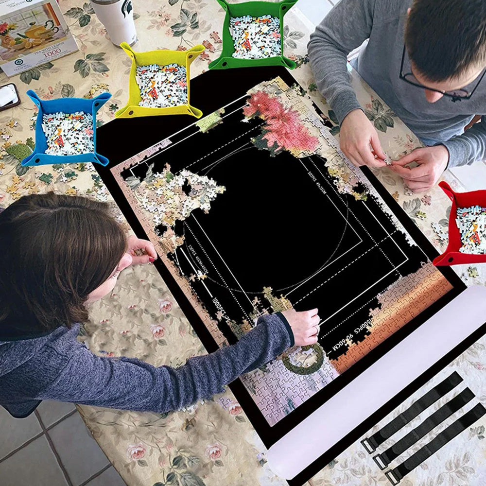 Roll Up Jigsaw Puzzle Mat with 4 Sorting Trays Portable Puzzle Storage Saver Pad for 500- 1500 Pieces Jigsaw Black