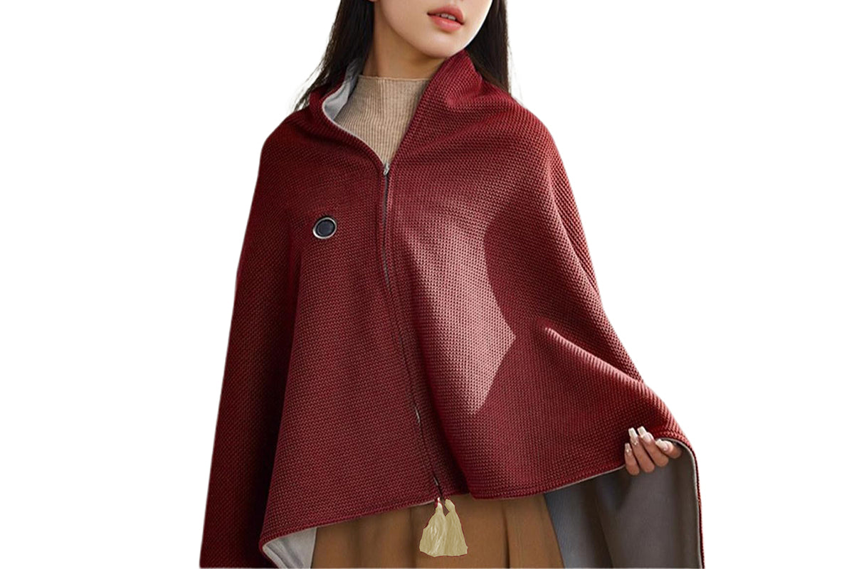 Portable Heated Shawl Wraps with Zipper 15s Fast Heating USB Heated Blanket for Women -Wine Red