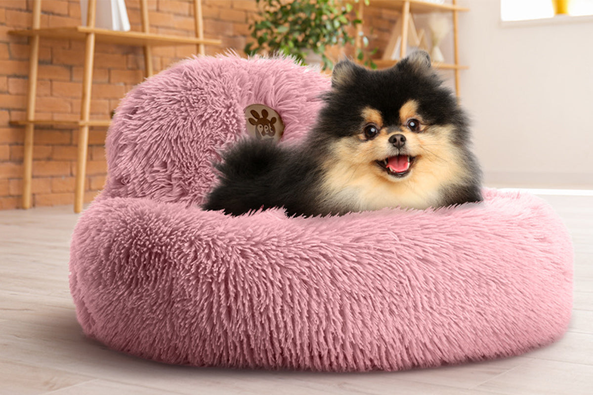 Calming Donut Dog Bed Anti-Slip Fluffy Plush Faux Fur Pet Bed for Most Dogs -Pink