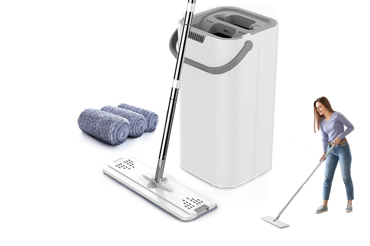 Flat Floor Mop And Bucket Set With 4 Washable Microfiber Pads-White