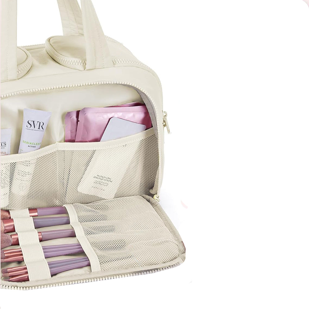 Travel Toiletry Bag Wide-open Makeup Bag Organizer with Handle Beige