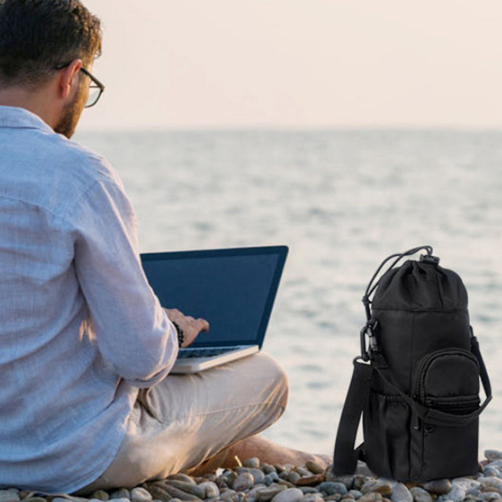 Multi-pocket Water Bottle Sleeve with Adjustable Strap Insulated Bottle Carrier Sling Bag for Walking Hiking Black