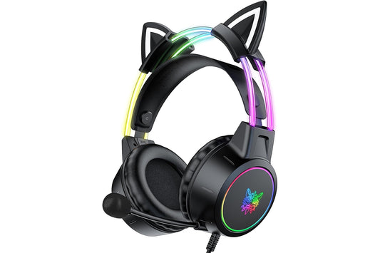 Gaming Headset with Detachable Cat Ears Wired Over LED Ear Headphones with Mic for PC Laptop PS4 PS5 Xbox Switch -Black
